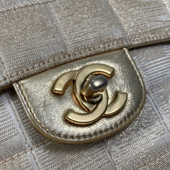 CHANEL CC Mark CC Chocolate bar Double Chain Crossbody Shoulder Bag Canvas Beige - Picture 9 of 16